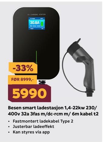 Megaflis Besen smart ladestasjon 1,4-22kw 230/ 400v 32a 3fas m/dc-rcm m/ 6m kabel t2 tilbud