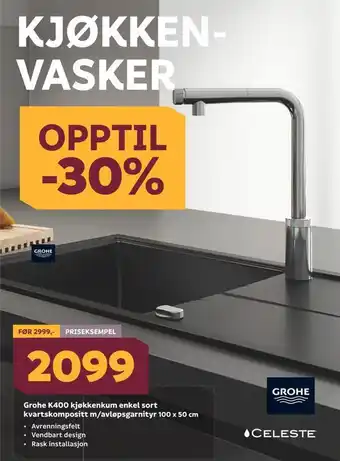 Megaflis Grohe k400 kjøkkenkum enkel sort kvartskompositt m/avløpsgarnityr. 100 x 50 cm tilbud