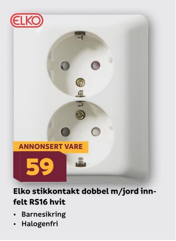 Megaflis Elko stikkontakt dobbel m/jord innfelt rs16 hvit tilbud