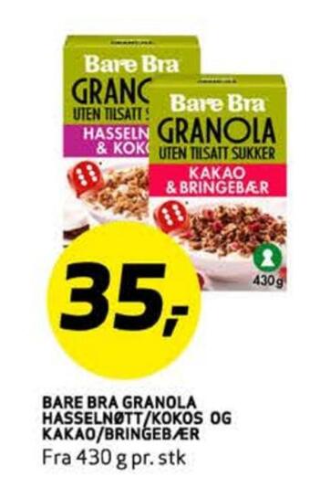 Bunnpris Bare bra granola hasselnøtt /kokos og kakao/bringebær tilbud