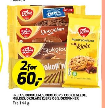 Bunnpris Freia sjokoklem, sjokoloops, cookieglede, melkesjokolade kjeks og sjokopinner tilbud