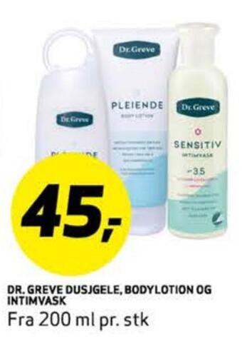 Bunnpris Dr. greve dusjgele, bodylotion og intimvask tilbud
