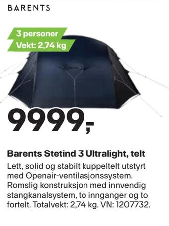 XXL Sport Barents stetind 3 ultralight, telt tilbud