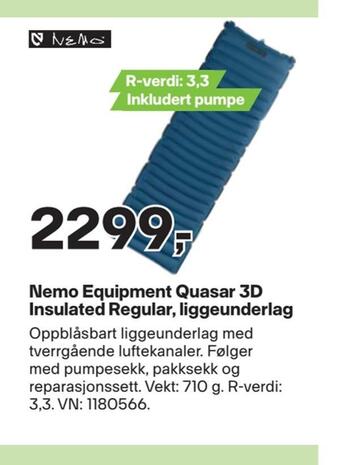 XXL Sport Nemo equipment quasar 3d insulated regular, liggeunderlag tilbud