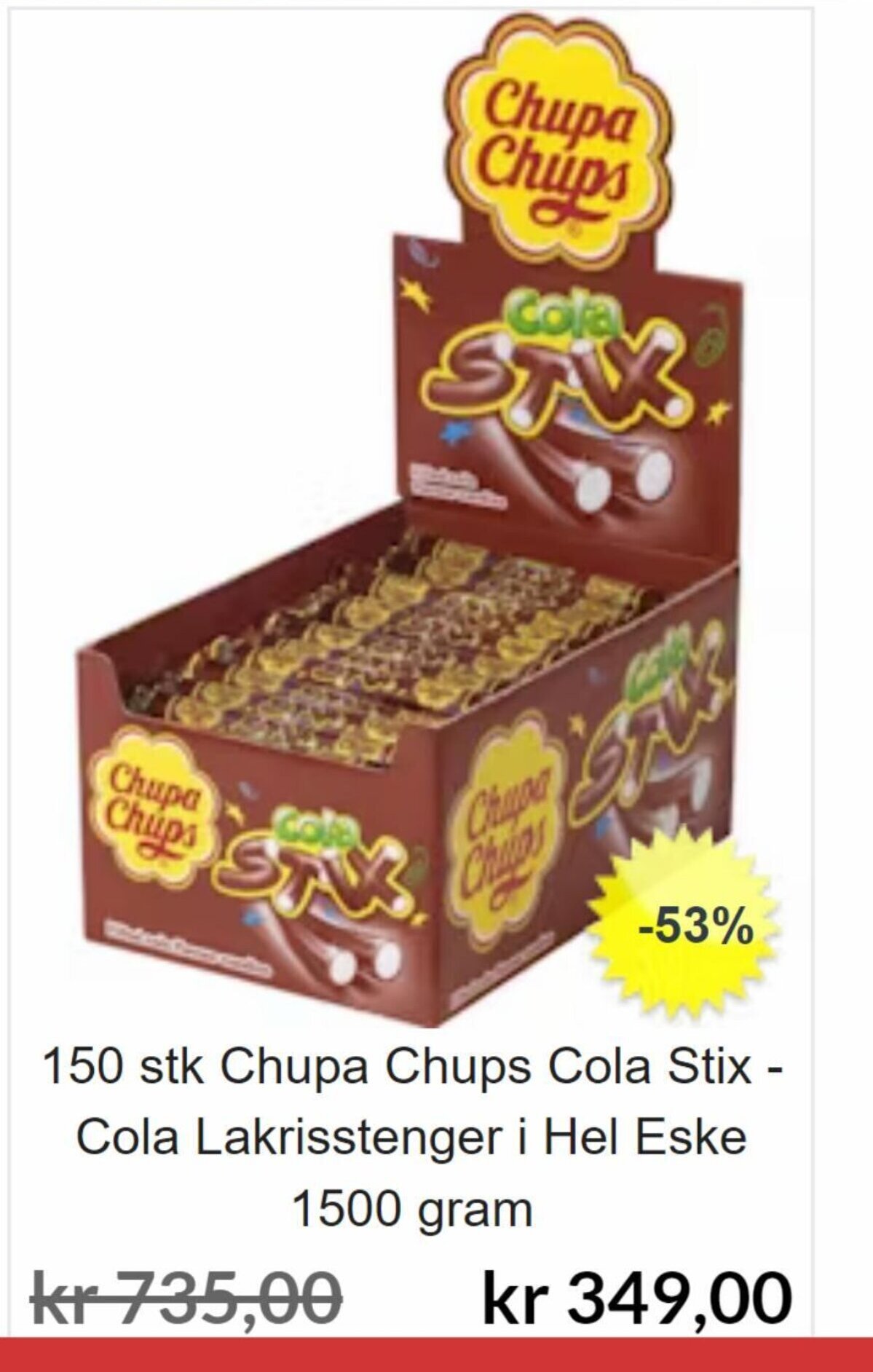 Superkul 150 stk Chupa Chups Cola Stix - Cola Lakrisstenger i Hel Eske 1500 gram tilbud