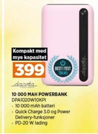 POWER 10 000 MAH POWERBANK DPA1020W10KPI tilbud