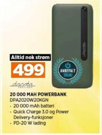 POWER 20 000 MAH POWERBANK DPA2020W20KGN tilbud
