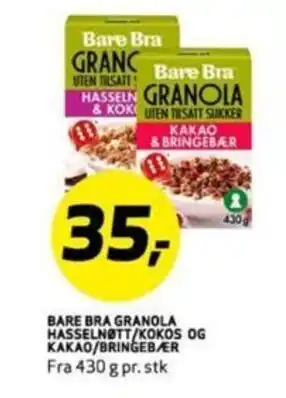 Bunnpris BARE BRA GRANOLA HASSELNØTT/KOKOS OG KAKAO/BRINGEBÆR tilbud