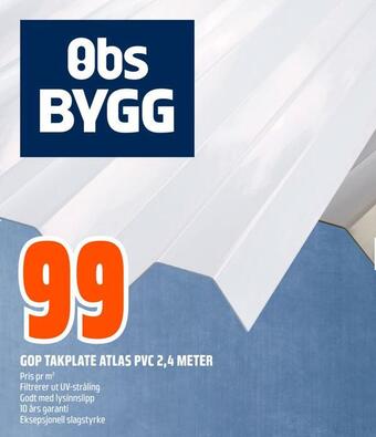 Obs Bygg Gop takplate atlas pvc 2,4 meter tilbud