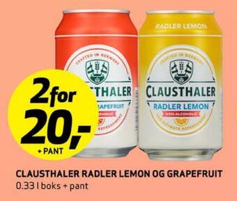 Bunnpris Clausthaler radler lemon og grapefruit tilbud