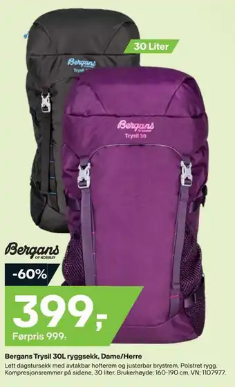 XXL Sport Bergans trysil 30l ryggsekk, dame/herre tilbud