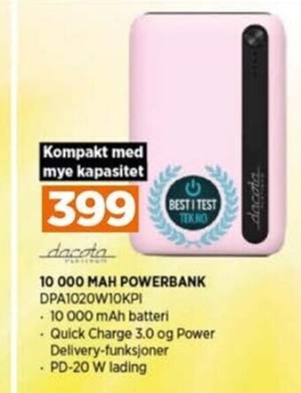 POWER DACOTA 10 000 MAH POWERBANK tilbud