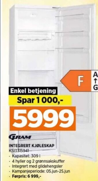 POWER INTEGRERT KJØLESKAP tilbud