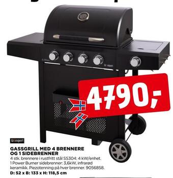 jem & fix Gassgrill med 4 brennere og 1 sidebrenner tilbud
