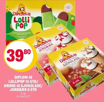 Coop Extra DIPLOM-IS LOLLIPOP 10 STK/ KRONE-IS SJOKOLADE/ JORDBÆR 6 STK tilbud
