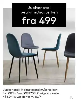 Skeidar Jupiter stol petrol m/sorte ben tilbud
