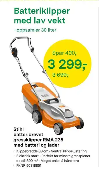 Felleskjøpet Stihl batteridrevet gressklipper rma 235 med batteri og lader tilbud