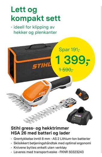 Felleskjøpet Stihl gress- og hekktrimmer hsa 26 med batteri og lader tilbud