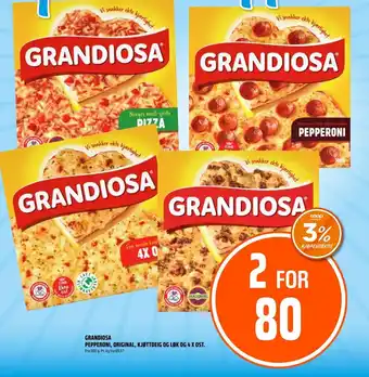 Coop Obs GRANDIOSA PEPPERONI, ORIGINAL, KJØTTDEIG OG LØK OG 4 X OST. tilbud