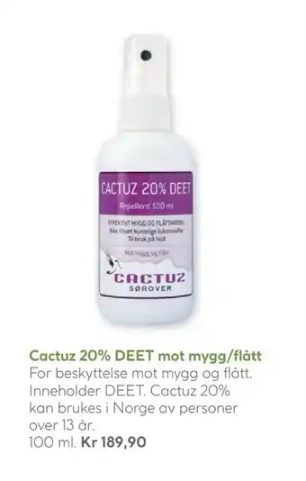 Vitusapotek Cactuz 20% deet mot mygg/flått tilbud