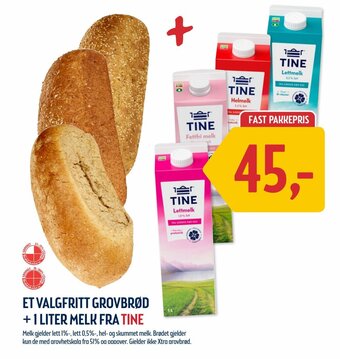 Coop Prix ET VALGFRITT GROVBRØD +1 LITER MELK FRA TINE tilbud