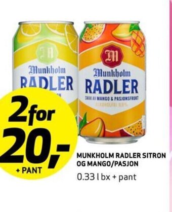 Bunnpris MUNKHOLM RADLER SITRON OG MANGO/PASJON tilbud