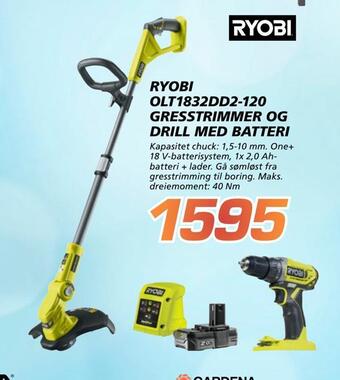 Coop Byggmix Ryobi olt1832dd2-120 gresstrimmer og drill med batteri tilbud