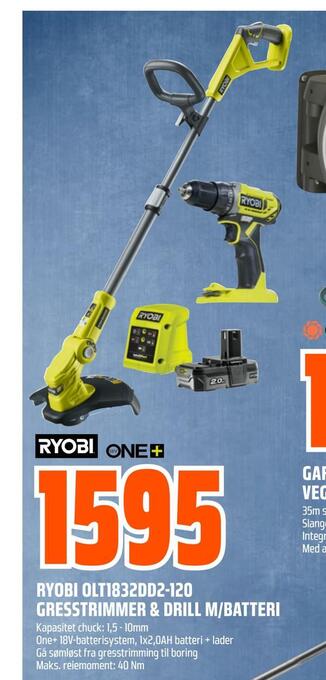 Obs Bygg Ryobi olt1832dd2-120 gresstrimmer & drill m/batteri tilbud
