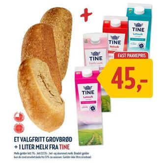 Coop Prix Et valgfritt grovbrød + 1 liter melk fra tine tilbud
