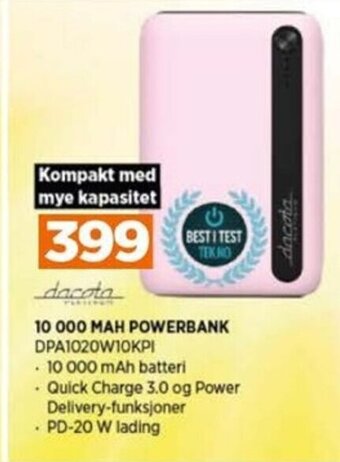POWER 10 000 MAH POWERBANK DPA1020W10KPI tilbud