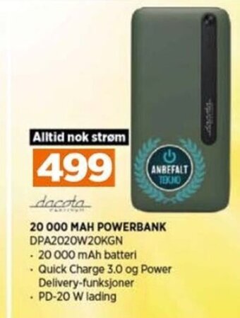 POWER 20 000 MAH POWERBANK DPA2020W20KGN tilbud