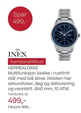 Bjørklund Herreklokke multifunksjon klokke i rustfritt stål med blå skive. klokken har sekundviser, dag og datovisning og vanntett. ø40 tilbud