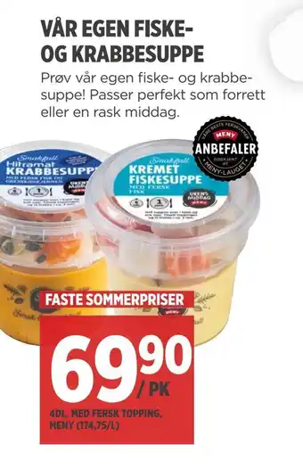 Meny Vår egen fiske- og krabbesuppe tilbud