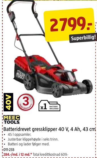 Jula Batteridrevet gressklipper 40 V, 4 Ah, 43 cm tilbud