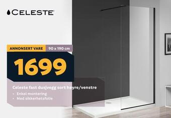 Megaflis Celeste fast dusjvegg sort høyre/venstre tilbud