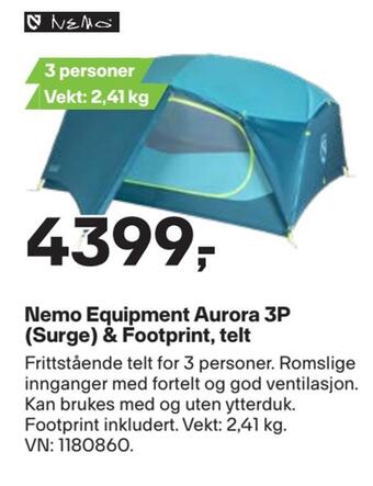 XXL Sport Nemo equipment aurora 3p (surge) & footprint, telt tilbud