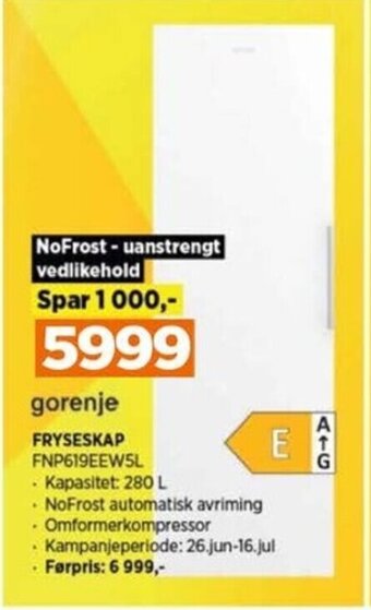 POWER gorenje FRYSESKAP FNP619EEW5L tilbud