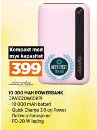 POWER 10 000 MAH POWERBANK DPA1020W10KPI tilbud