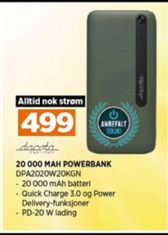 POWER 20 000 MAH POWERBANK DPA2020W20KGN tilbud