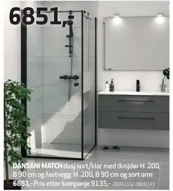 Flisekompaniet Dansani match dusj sort/klar med dusjdør tilbud