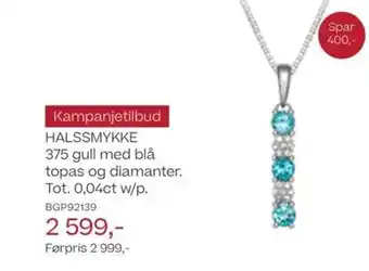 Bjørklund HALSSMYKKE 375 gull med blå topas og diamanter. Tot. 0,04ct w/p. tilbud