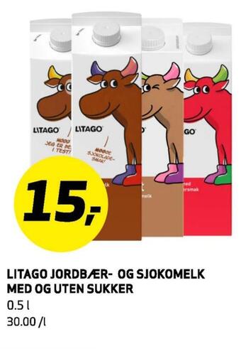 Bunnpris Litago jordbær-og sjokomelk med og uten sukker tilbud