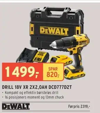 Montér DEWALT DRILL 18V XR 2X2,0AH DCD777D2T tilbud