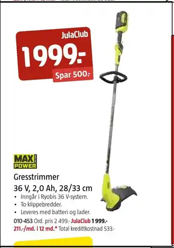 Jula Gresstrimmer 36V, 2,0 Ah, 28/33 cm tilbud