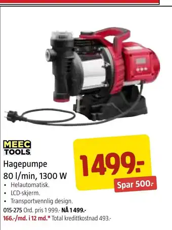 Jula MEEC TOOLS Hagepumpe 80 l/ min, 1300 W tilbud