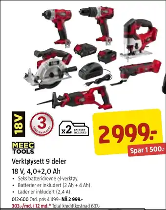Jula MEEC TOOLS Verktøysett 9 deler 18V, 4,0+2, 0 Ah tilbud