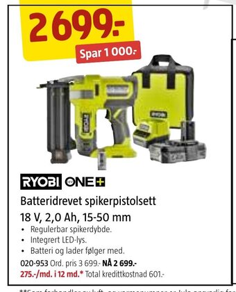 Jula RYOBI ONE+ Batteridrevet spikerpistolsett 18 V, 2, 0 Ah, 15-50 mm tilbud