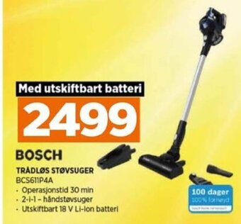POWER BOSCH TRÅDLØS STØVSUGER BCS611P4A tilbud