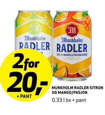 Bunnpris Munkholm radler sitron og mango/pasjon tilbud