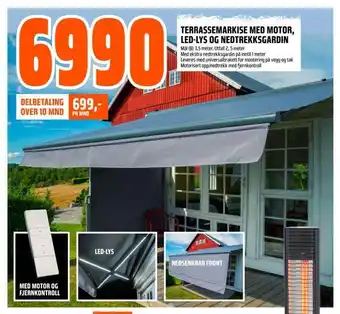 Obs Bygg Terrassemarkise med motor, led-lys og nedtrekksgardin tilbud